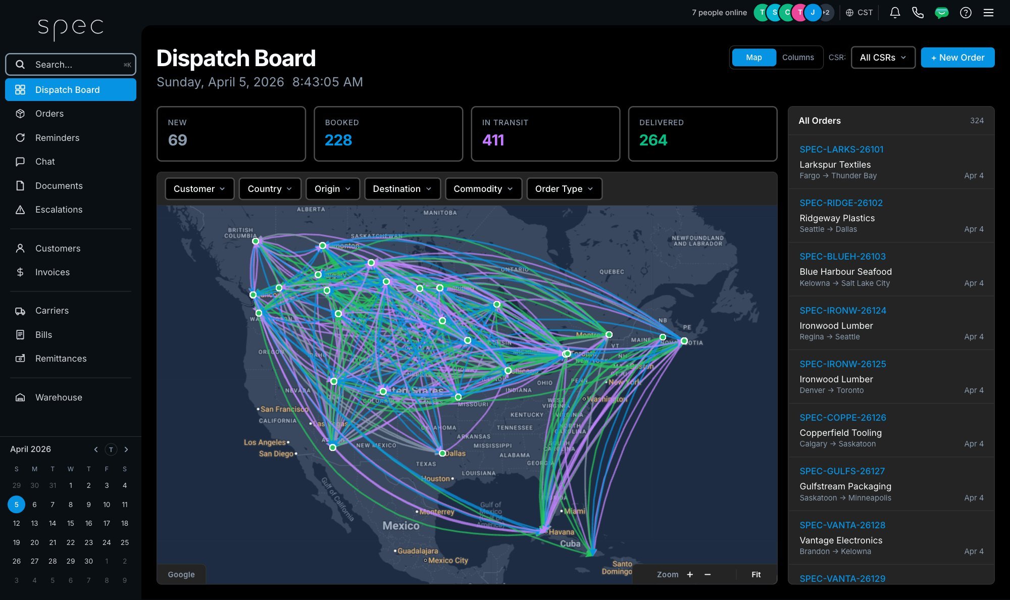The Spec Logistics dispatch board: lane totals for new, booked, in transit and delivered orders over a map of the routes, from western Canada to Cuba and Africa